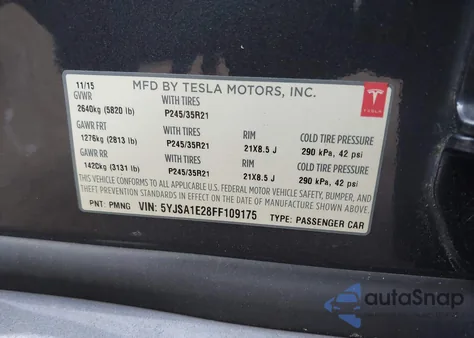 2015 Tesla Model S 70D/85D/P85D z USA, uszkodzony, nr VIN 5YJSA1E28FF109175